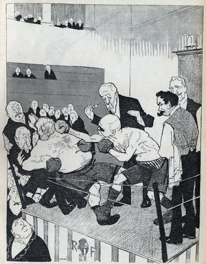 Sport is fashionable: Georges Clemenceau (1841-1929), French champion, met knock out”” Jean Jaures (1859-1914), international champion. The healers are: for Clemenceau, General Georges Picquart (1854-1914) and Aristide Briand (1862-1932); for Jaures, Emile Combes (1835-1921) and Maurice Berteaux (1852-1911); the referee is Henri Brisson (1835-1912)”. Cartoon by Henri Gousse. In “” Le Rire”” of May 9, 1908.