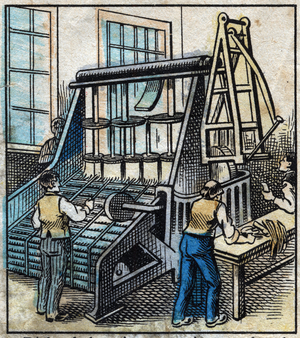 Textile, linen: the workshop. Combing to loosen and smooth the flax yarn that will be transformed by stretching into increasingly fine ribbons, late 19th century (print)