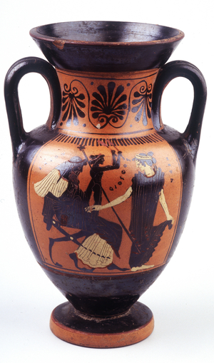 Painting on vase: Jupiter sitting in front of Hera holds Dionysus, represented as a teenager, on his lap. 500 - 490 BC. BNF, Medal Cabinet.