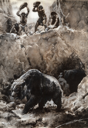 The Neanderthal or Neandertal - Neandertal Bear Hunter Man - in “The Prehistoric Men” (drawing)