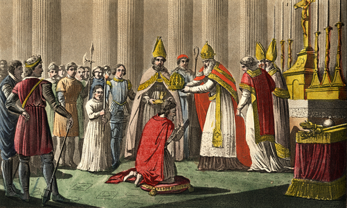 Charlemagne crowned by Pope Leo III at St Peter's basilica in Rome on 25th December 80, 1825 (engraving)