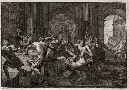 Bible of Royaumont, Old Testament: Death of Amnon. Absalom (or Avshalom, Absalon) being reconciled with David makes his brother Amnon (Ammon) flee to a feast. David is forced to flee from Jerusalem, and suffers this persecution with marvellous patience. Illustration from 1811.