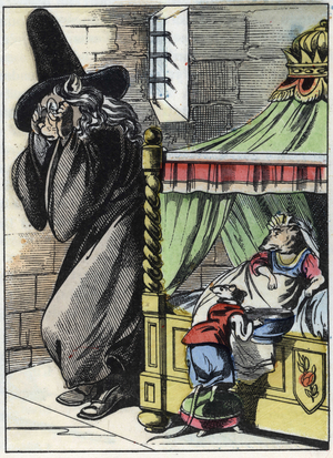 Illustration of the tale “The terrible Raminagrobis and the mice””” character draws fables by Jean de la Fontaine. In “” Tales from the home for the little ones””. Anonymous engraving of the 19th century.