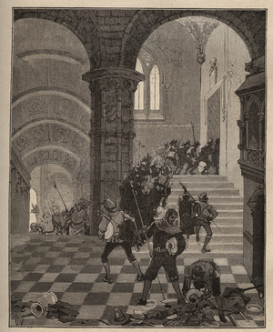 Pottery: destruction of the “Henri II” factory during the looting of the castle of Oiron (Deux Sevres) in 1568 during the League. Engraving from 1885 in “” Les arts et metiers illustres”” by Adolphe BITARD.