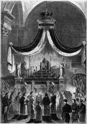 Mass celebrated at the Church of the Madeleine, in Paris, 21 November 1861, in memory of King Peter V (Pedro V) and his brother, Fernand (Fernando) of Portugal. Engraving in “” Le Monde Illustré”” n°242 of November 30, 1861.