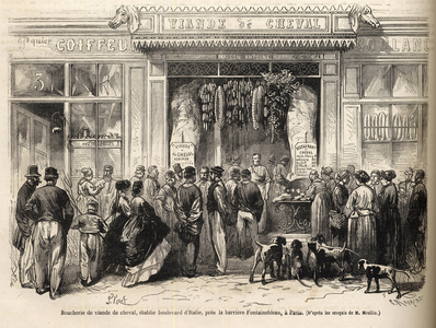 The horse butcher's shop at the barriere de Fontainebleau opened in 1866 (engraving)