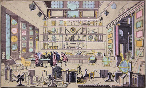 A Geometry Study, after Sebastien Le Clerc, 1717 (coloured engraving) - Exhibition room of the Academy of Sciences at the Palais du Louvre. Engraving by Sebastien Le Clerc 1717 - Cabinet of the Academy of Sciences at the Palais du Louvre - Engraving by Sebastien Le Clerc. 1717