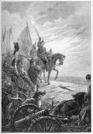 Charles Edward Stuart ('the Young Pretender') (Charles Edouard Stuart (1720-1788) draws his sword as the Highland Clans gather to fight for his cause, August 1745 - Engraving in “L'Histoire d'Angleterre, depuis les temps plus recules” by Francois Guizot 1877