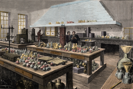The great laboratory of Louis Pasteur, French chemist and biologist, at the Ecole normale superieure - 1884 (engraving)
