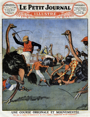 An original and eventful race: ostrich race in Australia mounted by jockeys. Illustration in “” Le petit Journal Illustré" on 18/04/1926.