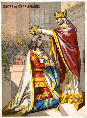 Charlemagne (742-814) crowned by Pope Leo III (c750-816) at St Peter's basilica in Rome on 25th December 800 - Sacred (Coronation) of Charlemagne (742 - 814) and 800 by Pope Leo III.. Chromolithography of the Series “” Patriotic Education through Image””.
