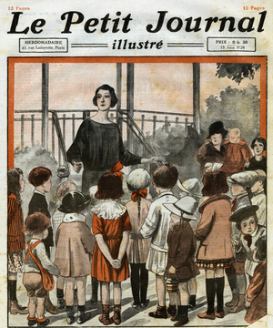 Young girls tell the stories of Andersen and Charles Perrault in the parks to children having fun in the public gardens of Paris. Engraving. One of the newspaper “” Le Petite Journal illustrious””, 15/06/1924. Private collection.