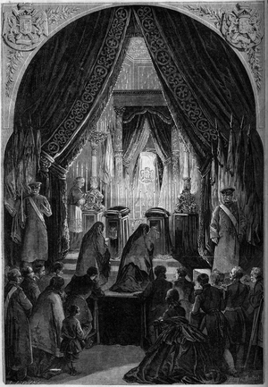 Chapelle ardente lors des funerailles du Comte Philippe Antoine Ornano (1784-1863), Marechal d'Empire. Paris, Invalides, 1863. Gravure in ""Le Monde Illustre"" n°341 du 24 octobre 1863.