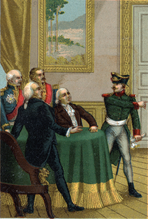 The restoration of 1815: Joseph Fouche, minister of police of Napoleon I, had a Prussian officer introduced into the room where the Commission of the Provisional Government led by King Louis XVIII on 7 July 1815.