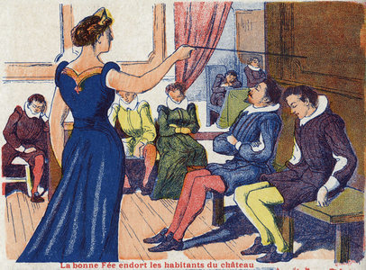 The good fee sleeps the inhabitants of the castle. Anonymous illustration for “La belle au bois dormant”, tale by Charles Perrault (1628-1703), French writer. Imagery Marcel Vagne, Jarville Nancy, undated (late 19th century).