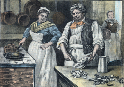 Omelette Alexandre Dumas Alexandre Dumas pere cooking an omelette with oysters. detail of the Cover of "The kitchen of families "of October 1905 (engraving)