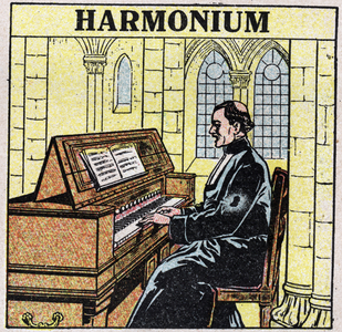 Musical instruments: wind instruments at hip. Harmonium player in a church. 1925 (print)