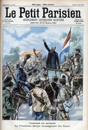 War of the Boers (South Africa, 1899-1902) (President Stein exhorts the Boers) President Steijn haranguing the Boers.- in ” The Petit Parisien”, 1900.