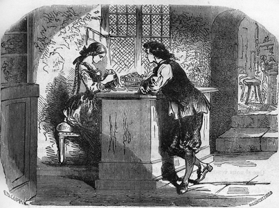 King Louis XI (1423-1483) ordered for his mistress the Lady of Gigon a magnificent adornment at the jeweller Madame Passefilon. Engraving in “The history of prostitution and debauche among all the peoples of the world from antiquity to the present day” by Dr. Th. -F. Debray. 1879.