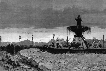 Paris under the snow, winter 1879-1880: view of one of the fountains of Place de la Concorde during the frost. Engraving by Scott in “” The Illustrous World”” n°1188 of January 3, 1880.