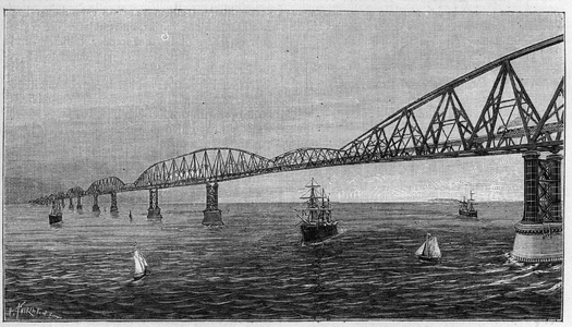 Overview of the Bridge over the Channel, project of a bridge crossing the Channel to connect France to England. Engraving in “” La Nature. Revue des sciences et de ses applications aux arts et a l'industrie”, 1889.