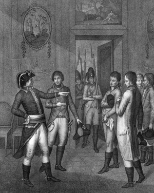The arrest of the Convention's envoys by Dumouriez in Saint-Amand (01/04/1793) - Charles-Francois (Charles Francois) du Perrier du Mouriez (1739-1823) arrests the minister Pierre Riel de Beurnonville (1752-1821) and the deputes Armand Gaston (Armand-Gaston) Camus (1740-1804), Jean Henri Bancal des Issarts (1740-1804) 50-1826), Francois Lamarque (1753-1839) and Nicolas Marie (Nicolas-Marie) Quinette (1862-1921) - Engraving by Giacomo Aliprandi (1775-1855)