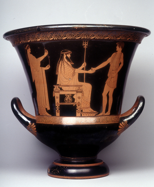 Painting on vase: Representation of Poseidon standing with his trident, in front of his son Theseus, 480 BC. BNF, Medal Office.