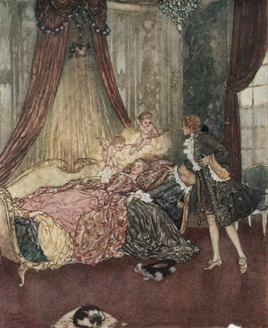 The sleeping beauty: Prince Charming discovers the sleeping girl, c.1910 (lithograph)