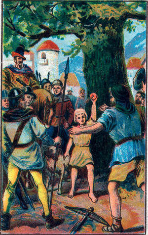 The crossbow. Guillaume Tell (William Tell) (legendary heros of Swiss independence). Chromolithography of the late 19th century.