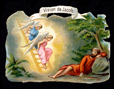 Jacob's vision represented by angels descending from heaven by a ladder. Chromolithography of the 19th century.