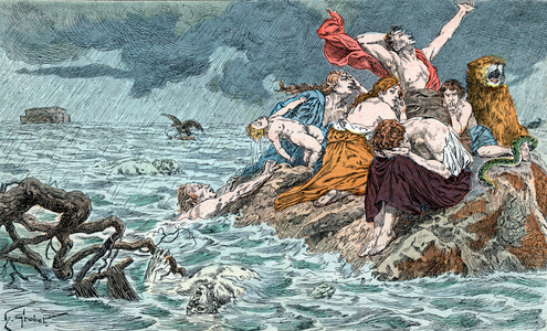 The deluge - The universal deluge - "Holy History" circa 1890 - engraved in color by Henri Grobet