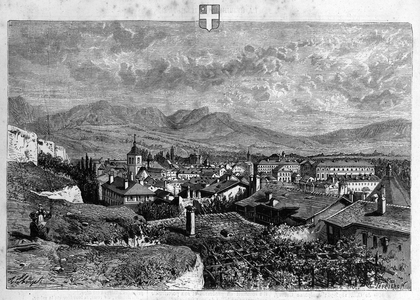 View of the city of Chambery in Savoy. Engraving from 1880 in “La republique illustree”” private collection.