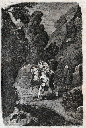 Argie attacked by the orders of his bridegroom - engraving of 1851 from “” Furious Roland”” (Orlando furioso) (16th century) by Ludovico Ariosto, known as the Ariosta - Edition translated from Italian by the Count of Tressan and published by Gustave Harvard 1851