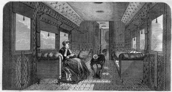 The new car of her majesty Princess of Wales for her train travel. Engraving in “The Illustrous Universe”, 1867. Private collection.