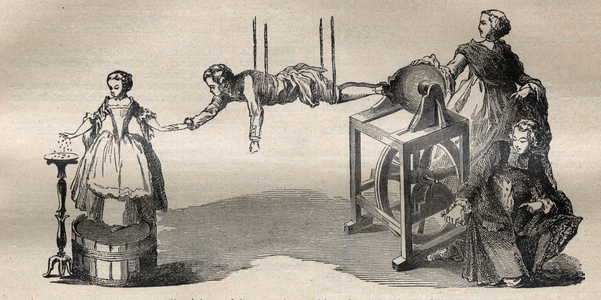 Experience made with the electric machine by Francis Hauksbee the elder (1666-1713) - Engraving In “” La Science francaise””, 1892 - Experiment with Francis Hauksbee the elder (1666-1713)'s electric machine - Engraving from “” La Science francaise””, 1892
