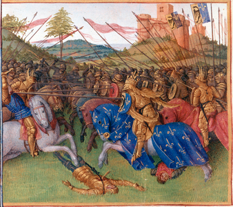 Charlemagne (747-814), King of the Franks and Emperor of the West during a battle in “” Grandes Chronicles of France, c.1455-60 (miniature)