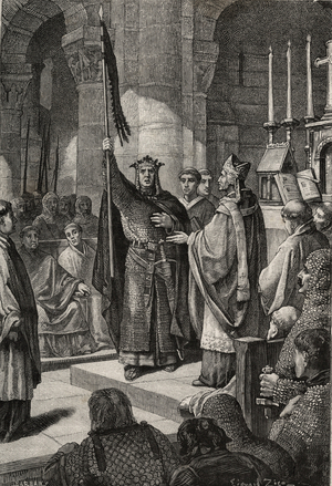 King Louis VII takes the oriflame at the Basilica of Saint Denis in the presence of Queen Alienor of Aquitaine