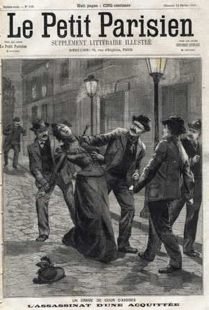 Drama of the Court of Assisi of the Maritime Alps: murder of a woman, 1899 (engraving)