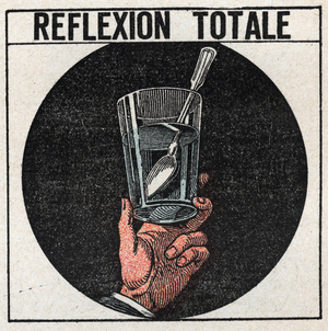 Light refraction: total reflection observed with a silver spoon in a glass of water. Looking from below the surface of the water, we see the image of the spoon as in a mirror. Anonymous illustration from 1925. Private collection.