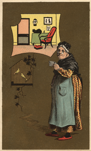 An old woman holding a cup near a cage with birds. Anonymous chromolithography, late 19th century.