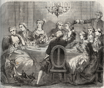 Libertinage: Christian VII (1749-1808), King of Denmark and Norway, during a libertine feast organized by the dancer Marie Madeleine Guimard (1743-1816) in her house of Pantin. Engraving from 1871 in “Histoire Des Cocus Celebres”” by Henry de Kock (1819-1892).