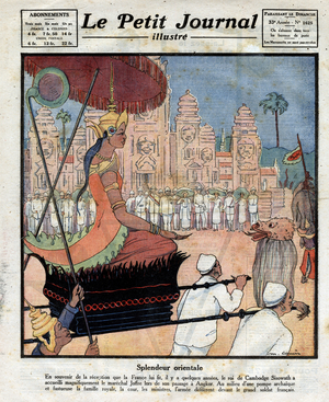 Eastern splendor: ceremony of King of Cambodia Preah Bat Sisowath to welcome the marechal of France Joseph Joffre, on 12/02/1922.