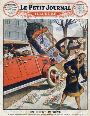 A coach was walking strangers in Paris when on Boulevard Malesherbes, he boarded and hit a newsstand, 1927 (print)