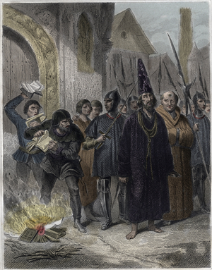 Czech priest, philosopher, reformer Jan Hus is captured and condemned to the stak, 1851-53 (engraving)