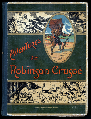 Book cover for "Robinson Crusoe" written by Daniel Defoe, 1934 (print)