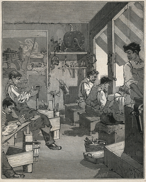 Manufacture of combs in a workshop in France in the 19th century, 1885 (engraving)