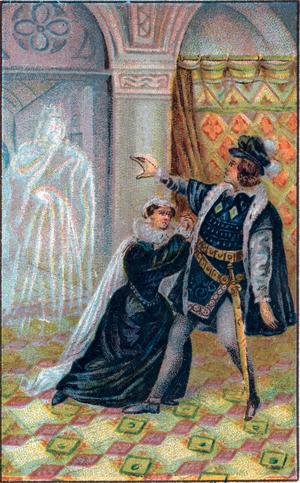 Gertrude, Hamlet and the ghost of Hamlet's father. In “” Hamlet”, by William Shakespeare. Chromolithography of the late 19th century.