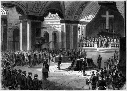 Funeral of the Count of Cavour, Turin, 7 June 1861: inside view of the church of the Madonna of the Angels during the ceremony. Engraving in “” Le Monde Illustré”” n°219 of 22 June 1861.