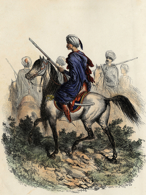 Moorish gendarmes (or field guards) in charge of the rural police of Algiers, trained in 1831. in “L'Algerie ancienne et moderne” by Leon Galibert, 1844.