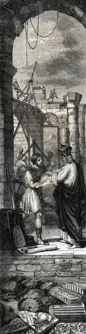 Trophime d'Arles or Saint Trophime building the church of Arles - Engraving of 1846 in "Lives des saints"”.